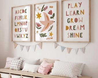 Alphabet Wall Art Set of 3, Montessori Nursery Prints, Educational Poster for Kids UNFRAMED