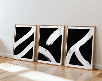 Abstract Brush Stroke Print Set: Black and White Wall Art