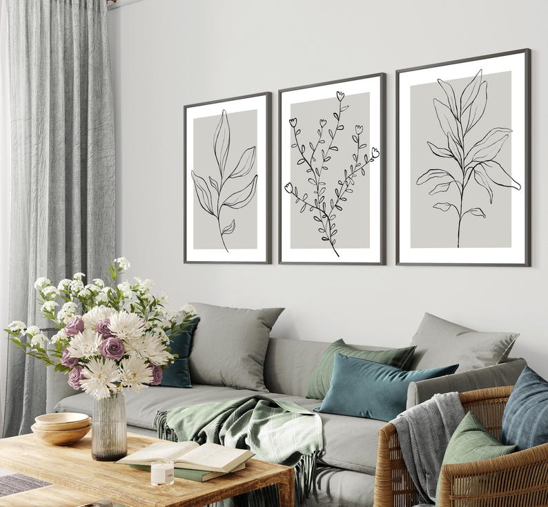 Botanical Line Art Prints: Grey Home Decor, Set of 3 (UNFRAMED) image 5