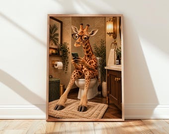 Funny Giraffe Toilet Print, Bathroom Humor Wall Art, Giraffe on her  phone