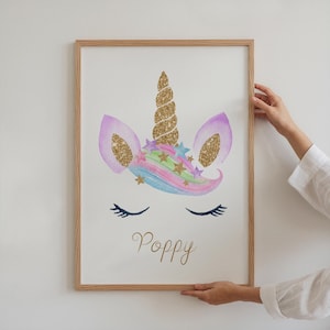 Unicorn personalized print, girls bedroom wall art, Print with name, UNFRAMED
