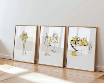 Kitchen Wall Art Prints: Pasta, Cocktails, Lemons - Set of 3 (UNFRAMED)