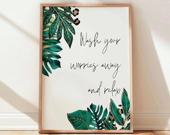 Wash Worries Away Printable Minimal Bathroom Quote Wall Art Calm Spa Restroom Decor Unframed