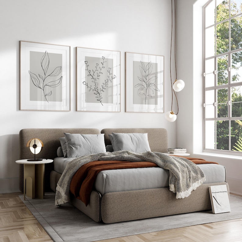 Botanical Line Art Prints: Grey Home Decor, Set of 3 (UNFRAMED) image 3