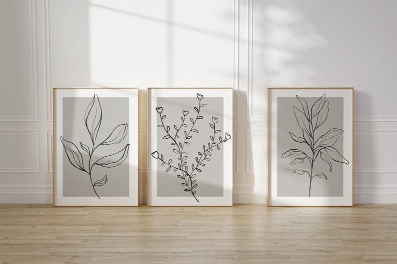 Botanical Line Art Prints: Grey Home Decor, Set of 3 (UNFRAMED) image 4