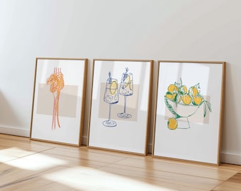 Kitchen Wall Art, Set of 3 posters, Pasta lover, Cocktail drinks, UNFRAMED