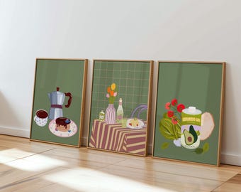 Playful Kitchen Wall Art Set of 3, Modern Folk Kitchen Prints UNFRAMED