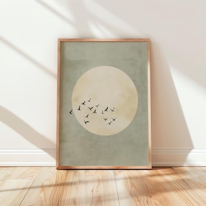 Print saliegroene maan: Japanse muurkunst zwerm vogels