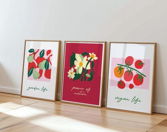 Kitchen Wall Art, Set of 3 colorful posters, Gift for a vegan friend, UNFRAMED