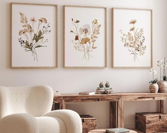 WildFlowers Art Watercolour set of 3 prints, neutral botanical boho wall art ,UNFRAMED