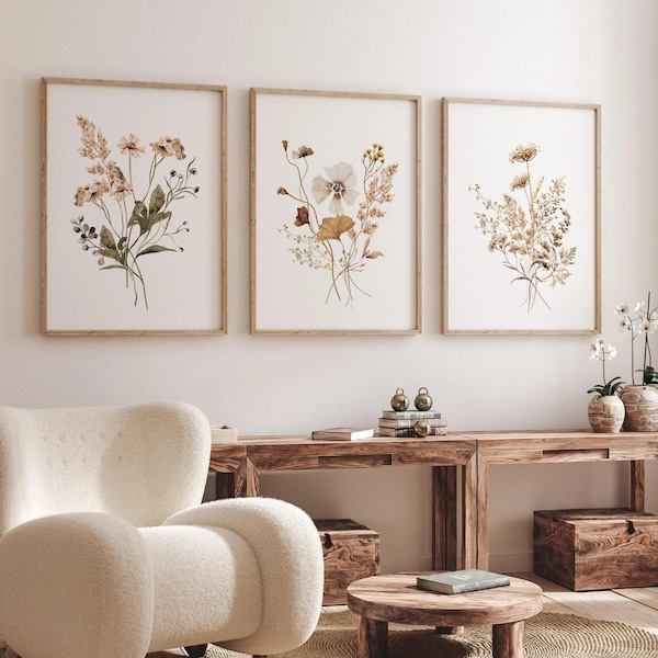 WildFlowers Kunst Aquarell Drucke, neutrale botanische Boho Wandkunst, UNGERAHMT