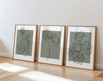 Sage Green Botanical Line Art Prints, Set of 3 Minimalist Floral Wall Decor