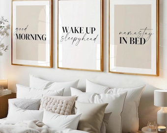 Bedroom Prints Set of 3: Minimalist 'Namastay in Bed' Wall Art, Various Background colours to choose from, UNFRAMED