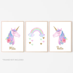 Personalized Unicorn Watercolor Prints Set: Girls Bedroom Decor