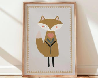 Woodland Fox Nursery Wall Art, Storybook Forest Animal Print Unframed