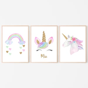 Personalized Unicorn Prints Set: Watercolor Nursery Decor (UNFRAMED)