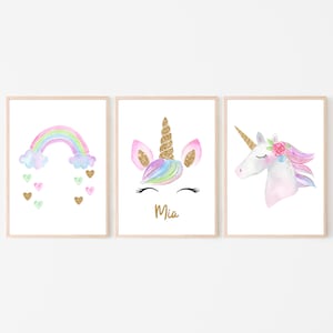 Set of 3 Unicorn Personalized Prints, nursery decor, girls bedroom prints, unicorn prints, magical unicorn,UNFRAMED