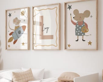 Space Nursery Wall Art Set of 3, Pink Mouse Rocket Prints, Personalized Initial Baby Name Unframed