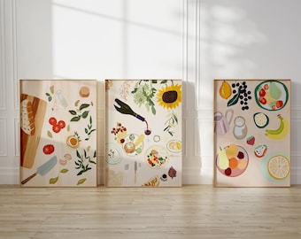 Láminas de comida y vino mediterráneo: Arte de pared rústico para cocina (sin marco)