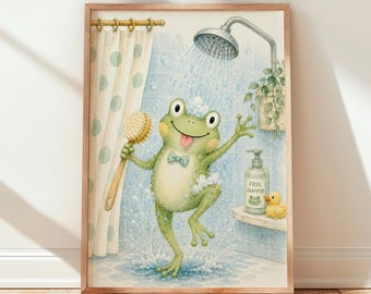 Funny Frog Bathroom Wall Art, Frog Funny Toilet Print Quirky Animal Poster Frog Shower Art Unframed