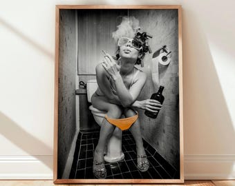 Funny Toilet Wall Art Woman Bathroom Print Feminist Vintage Photo Unframed