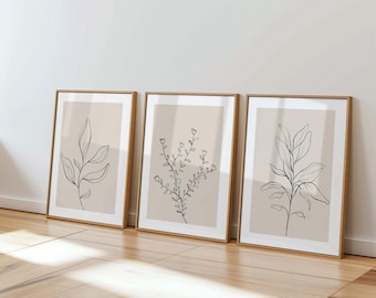 Minimalist Botanical Line Art Prints Set of 3, Neutral Beige Plant Decor, Modern Gallery Wall Prints for Living Room Bedroom, (UNFRAMED)