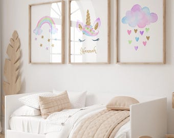 Watercolor Unicorn Prints Set: Personalized Nursery Decor