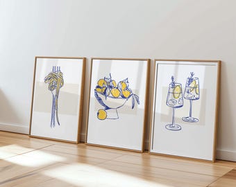 Kitchen Wall Art, Set of 3 posters, Pasta lover, Cocktail drinks, UNFRAMED