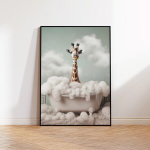 Giraffe Bubble Bath Print: Funny Bathroom Wall Art (UNFRAMED)