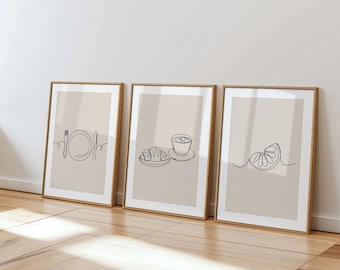 Kitchen Wall Art Set of 3, Coffee Bar & Croissant Print One Line Drawing UNFRAMED