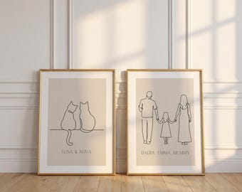 Personalized Family & Cat Print Set | Custom Family Portrait Line Art | Couple Child Cats Wall Art | Memorial Pet Gift (UNFRAMED)