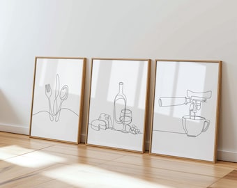 Kitchen Line Art Prints: Cutlery, Wine, Coffee Poster Set (UNFRAMED)