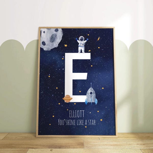 Personalisierte Kinderzimmer-Wandkunst unter dem Thema Weltraum, Astronauten-Raketen-Namensplakat ungerahmt