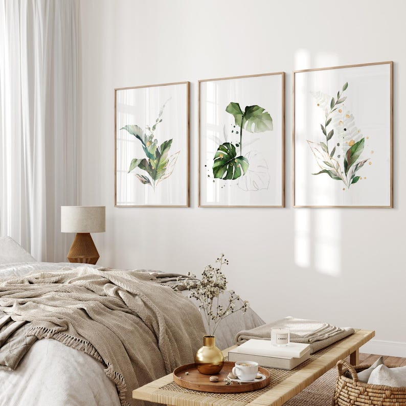Botanische muurkunst set van 3 | Monsterabladafdrukken, tropisch galerijdecor (ingelijst) afbeelding 4