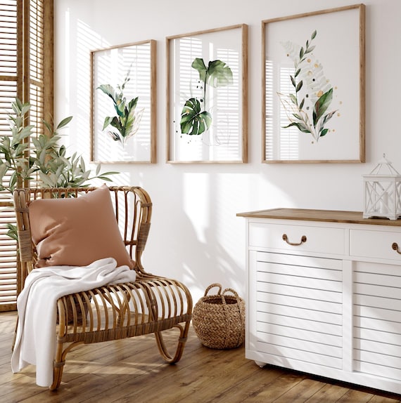 Botanical prints, Tropical Wall Art, Set of three prints, Monstera deliciosa, green leaves,UNFRAMED