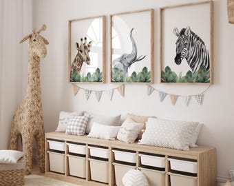 Safari Tierkindergarten Drucke: Giraffe, Elefant, Zebra - 3er-Set