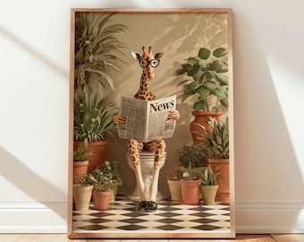 Funny Giraffe on Toilet Wall Art, Quirky Bathroom Print, Animal Reading Poster Unframed