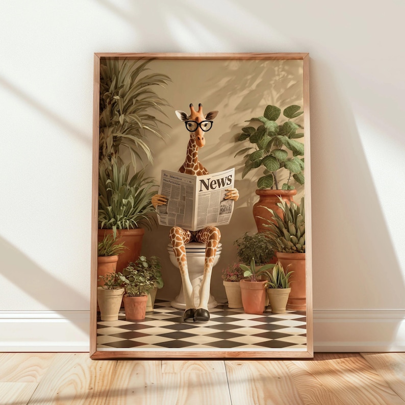 A giraffe sitting on a toilet and reading a newspaper, surrounded by potted plants and a checkered floor.