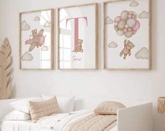 Teddy Bear Nursery Wall Art Set of 3, Personalized Baby Name Print Unframed