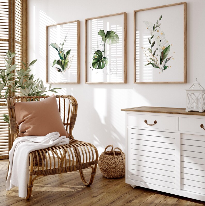 Botanische muurkunst set van 3 | Monsterabladafdrukken, tropisch galerijdecor (ingelijst) afbeelding 3