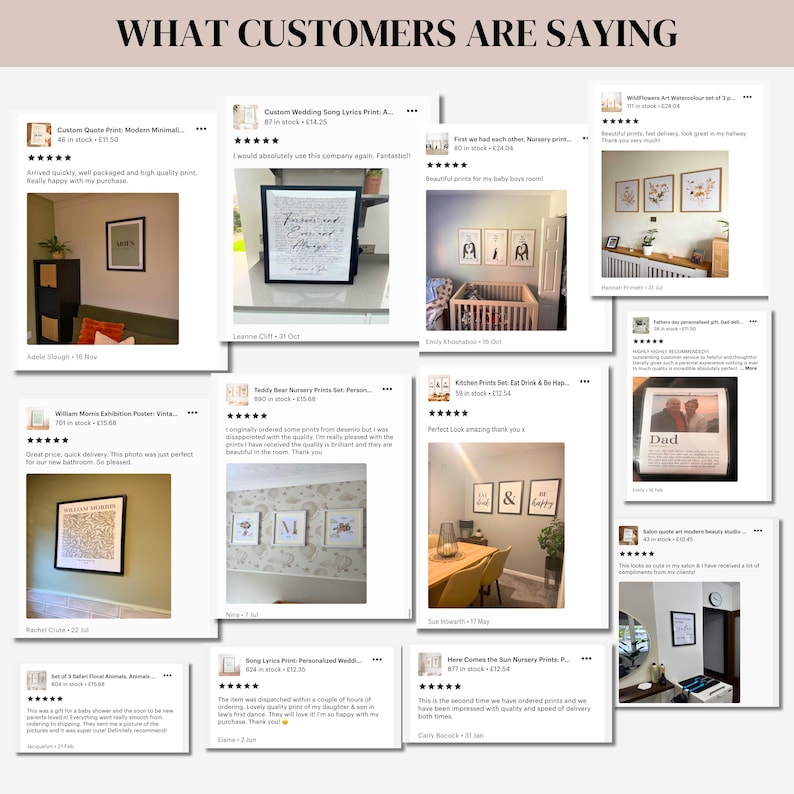 The image is a collage of various customer reviews and feedback for different products and services, including wall art, baby products, and a salon. The reviews are mostly positive, with customers expressing satisfaction and appreciation for the quality and value of the products and services.