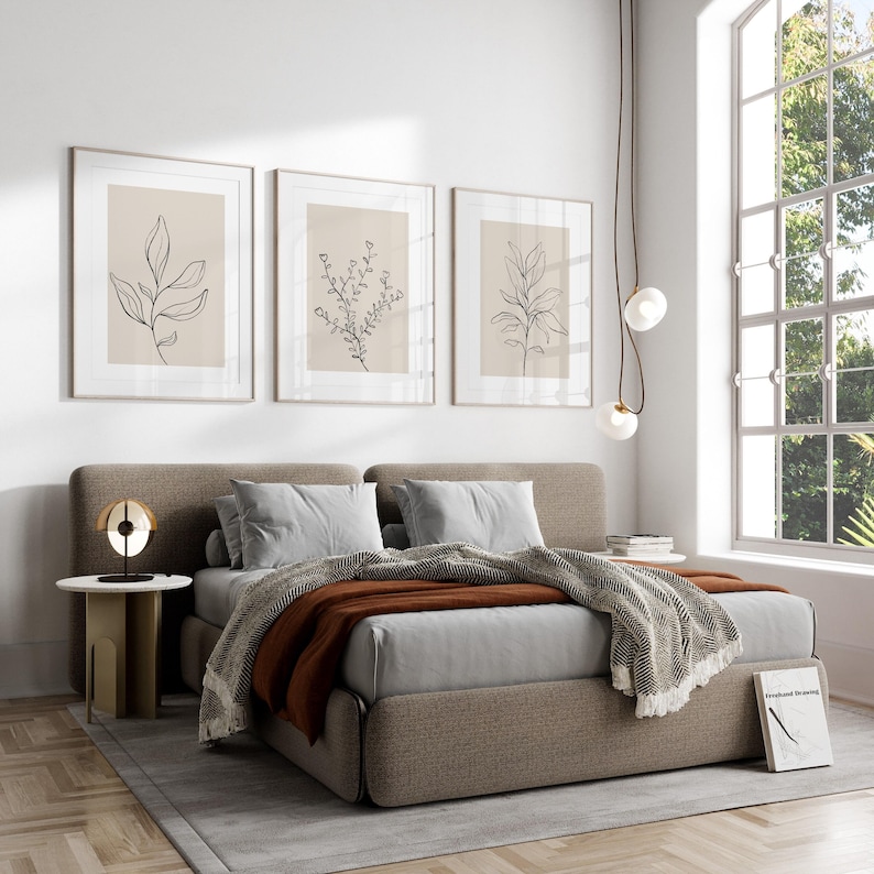 Minimalist Botanical Line Art Prints Set of 3, Neutral Beige Plant ...