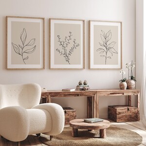 Minimalist Botanical Line Art Prints Set of 3, Neutral Beige Plant ...