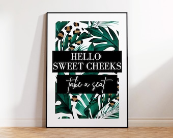 Placa engraçada para banheiro com estampa de leopardo: Olá, bochechas doces!