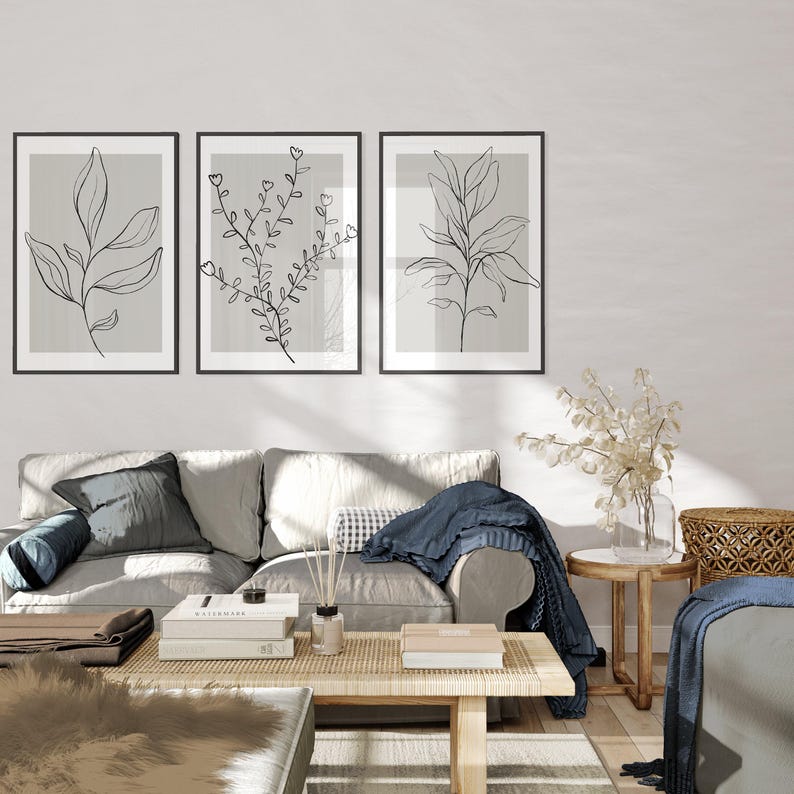 Botanical Line Art Prints: Grey Home Decor, Set of 3 (UNFRAMED) image 6