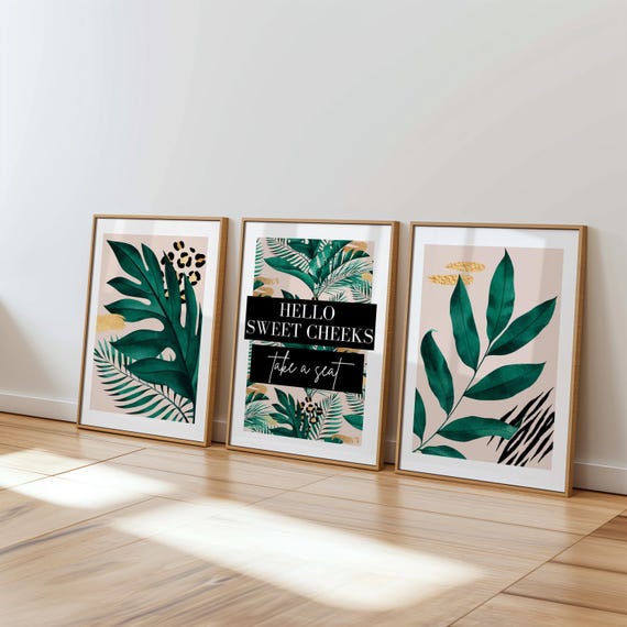 Tropical Bathroom Set of 3 Prints, Green Botanical prints, Funny Quote
