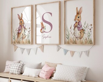 Personalized Peter Rabbit Nursery Wall Art Set of 3, Baby Name Banner Floral Bunny Decor Unframed
