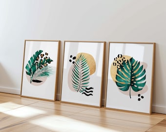 Tropical Botanical Set of 3  Prints, Palm Leaf Wall Art, Green Gold Decor