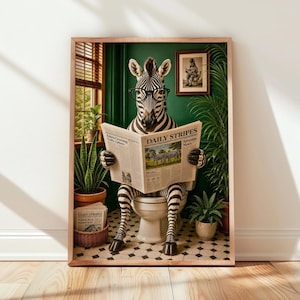 May include: A framed print depicts a zebra wearing spectacles, reading a newspaper titled "Daily Stripes" whilst seated on a toilet. The zebra is in a bathroom setting with plants and a framed picture on the wall. The newspaper has the headline "Savanna News".