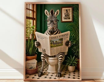 Funny Zebra Reading Newspaper on Toilet Bathroom Wall Art Print Quirky Animal Decor Poster Housewarming Gift